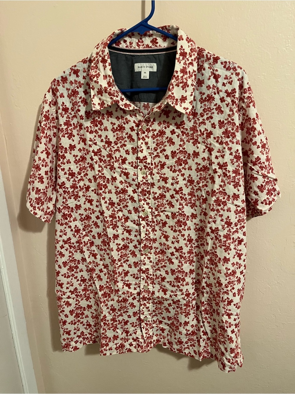 Sun + Stone Cream Button-Up Shirt with Red Floral Print